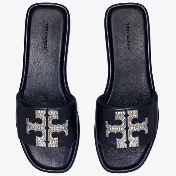 Tory Burch $258 DOUBLE T DECO SPORT SLIDE New Navy Rhinestones Embellished Flats - Picture 2 of 8